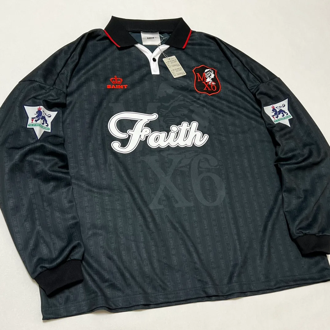 SAINT M×××××× SOCCER SHIRT 'FAITH'/BLK FAITH Football Long Sleeve Black S-XL This design has a lot of craftsmanship Digital fabric printing/front positioning printing laser cutting Offset printing + flocking printing + embossing Imported Behringer machine embroidery Flat machine collar + cuffs Genuine consistent main mark/wash mark/cherub mark